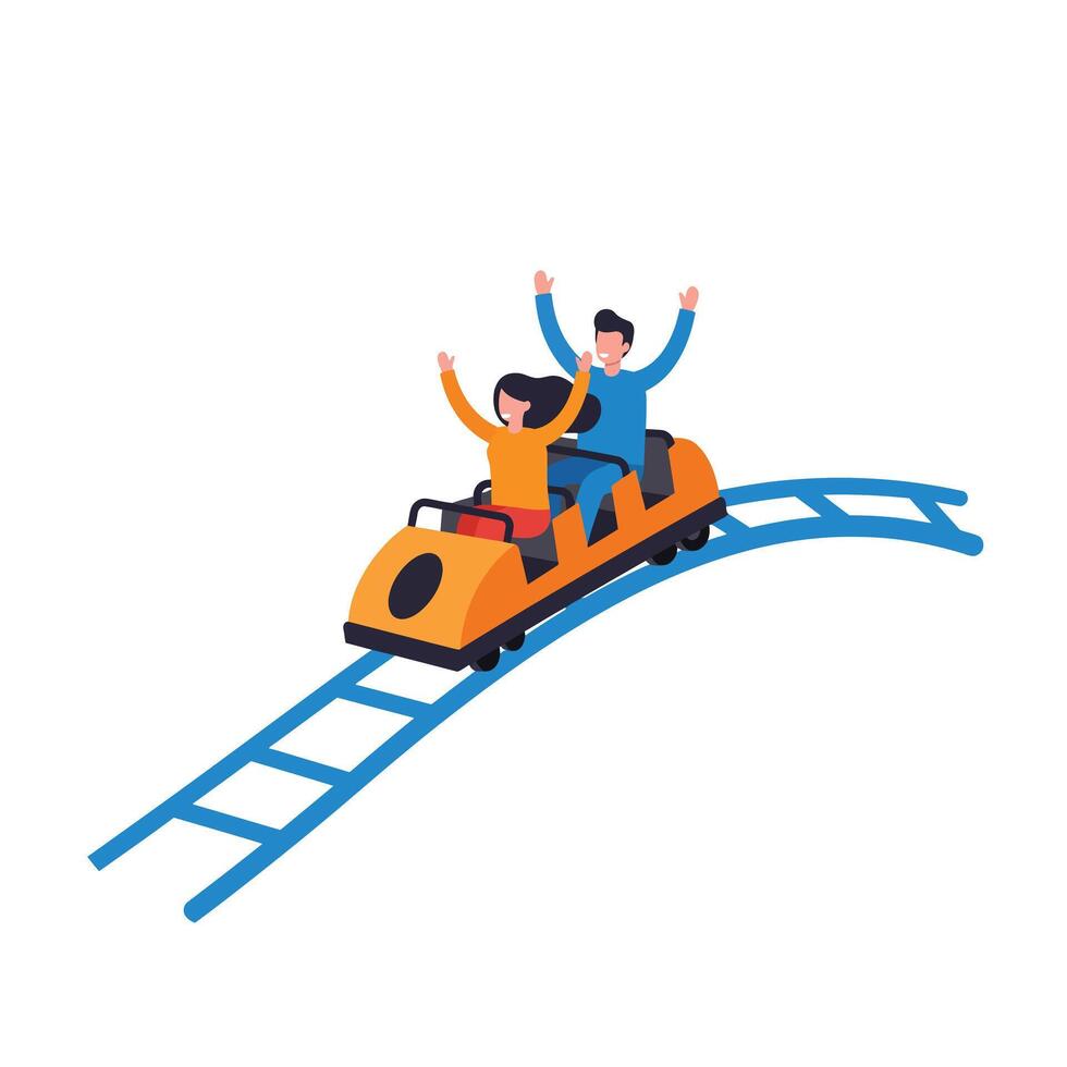 Roller coaster ride with excited passengers in flat art style illustration vector