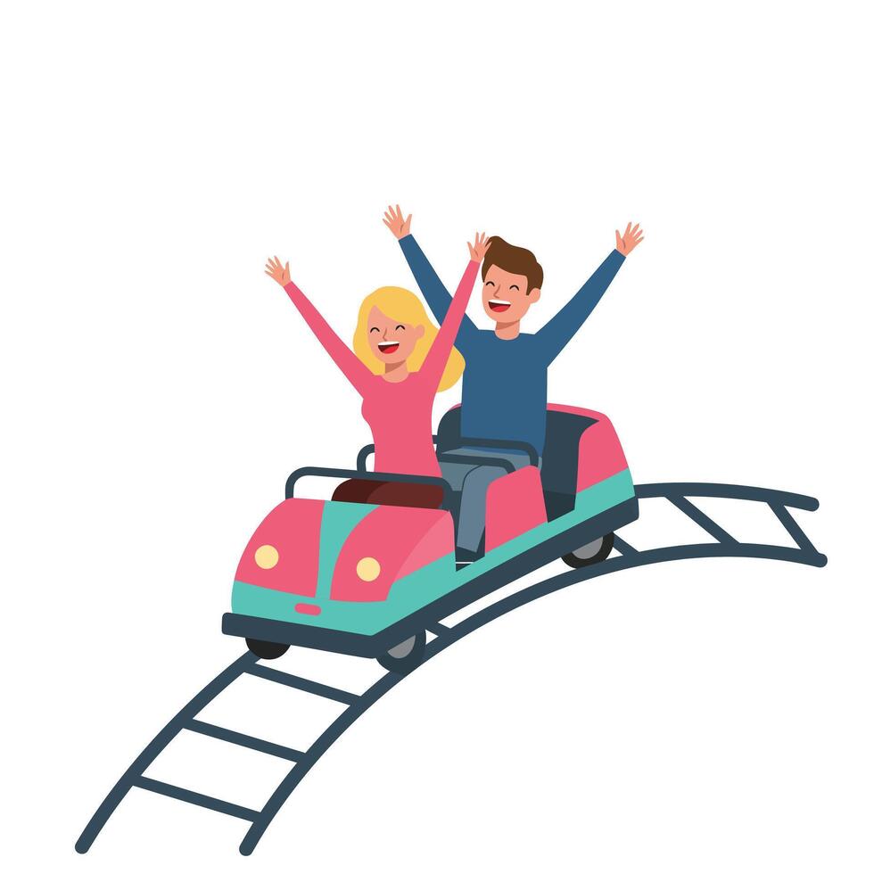 Excited couple enjoying a roller coaster ride in flat art vector
