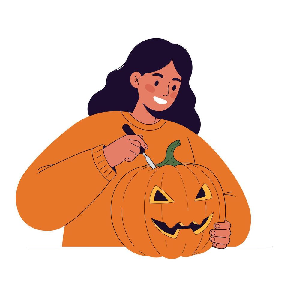 Person carving a spooky pumpkin in a cheerful style with orange tones art vector