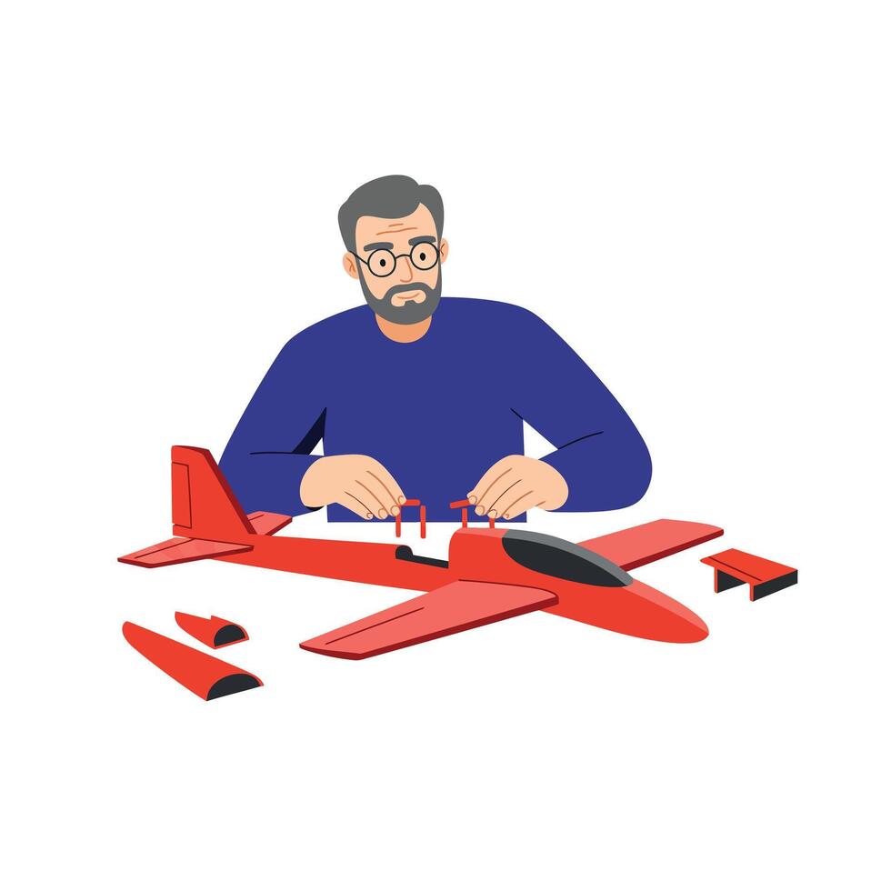 Man assembling a red model airplane in flat art style vector