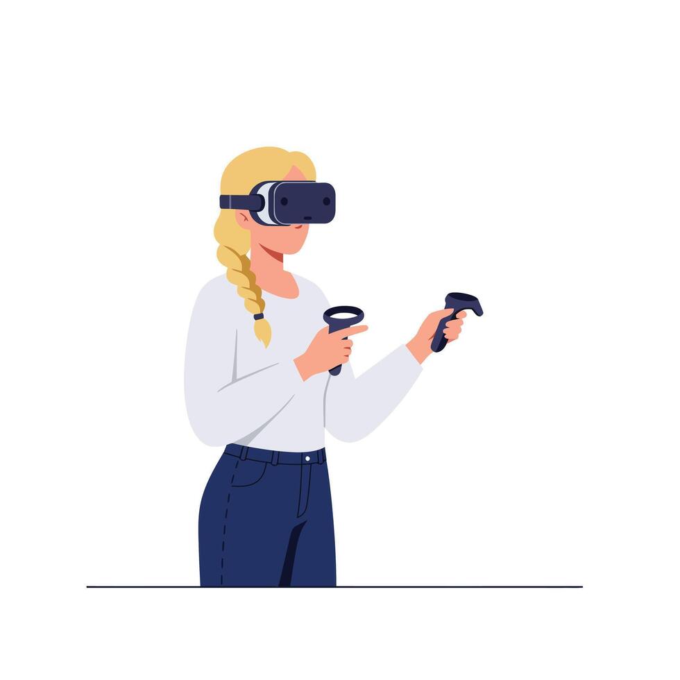 Woman engaging with virtual reality headset in flat illustration vector