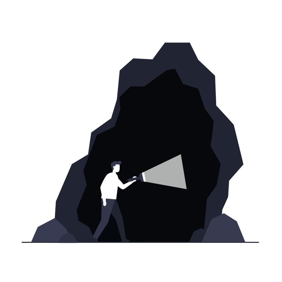Person exploring a cave with a flashlight in flat art vector