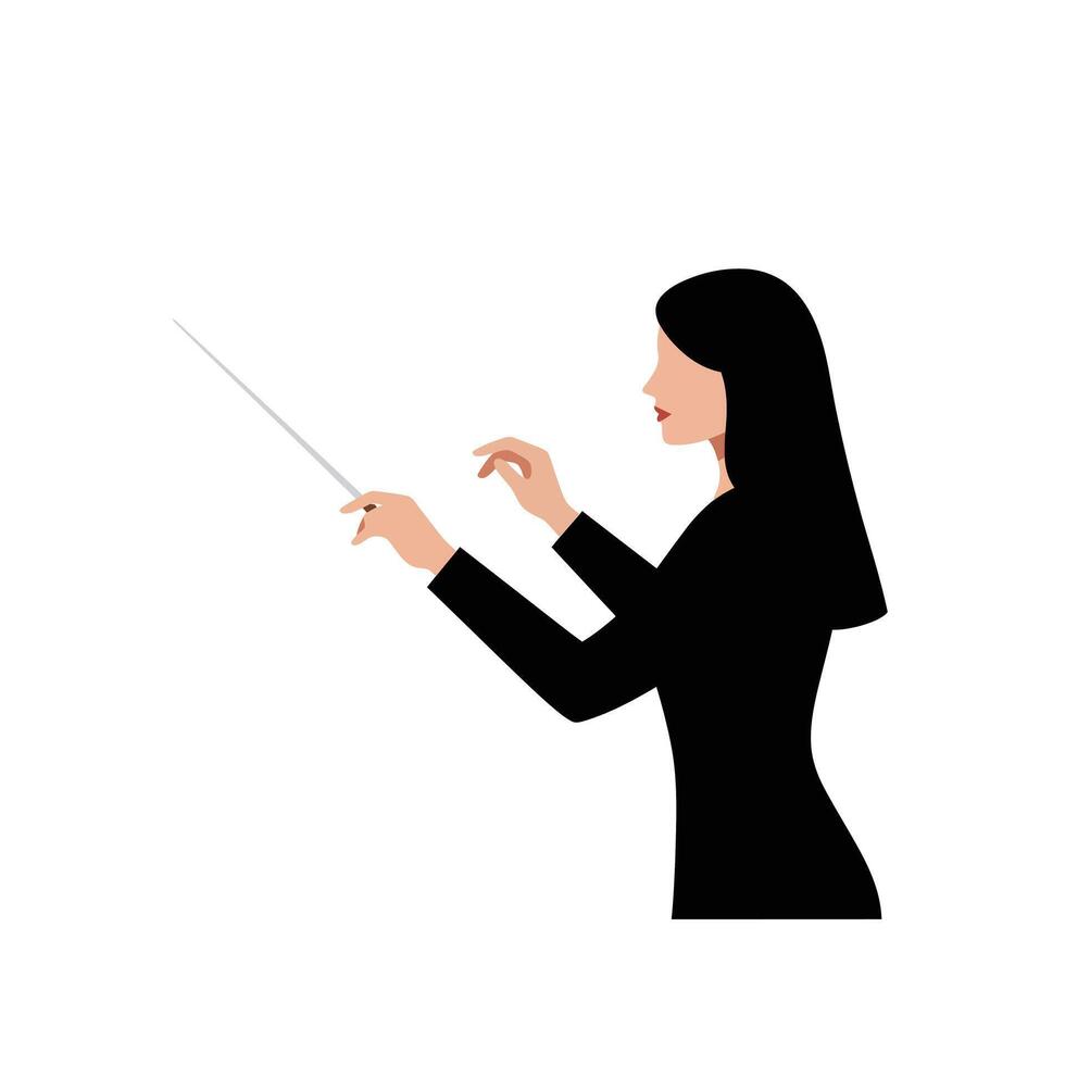 A Woman conductor leading an orchestra in a flat and stylish art. vector