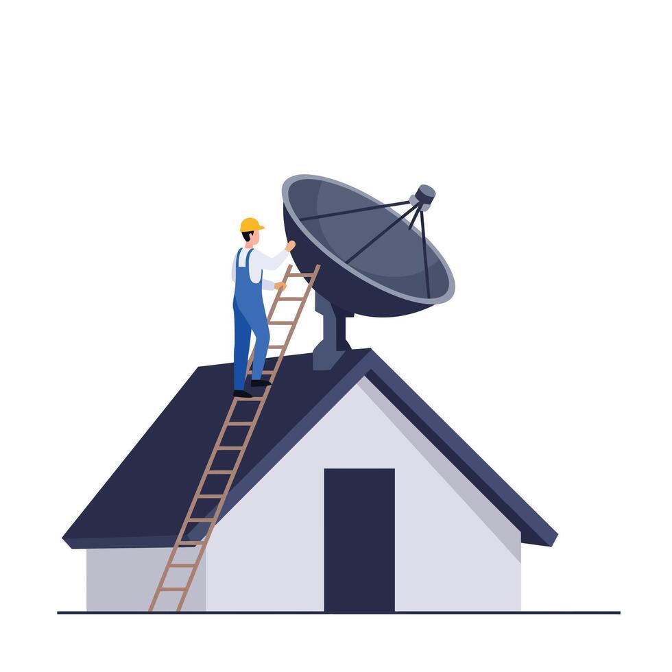Technician installing satellite dish on rooftop in flat art vector
