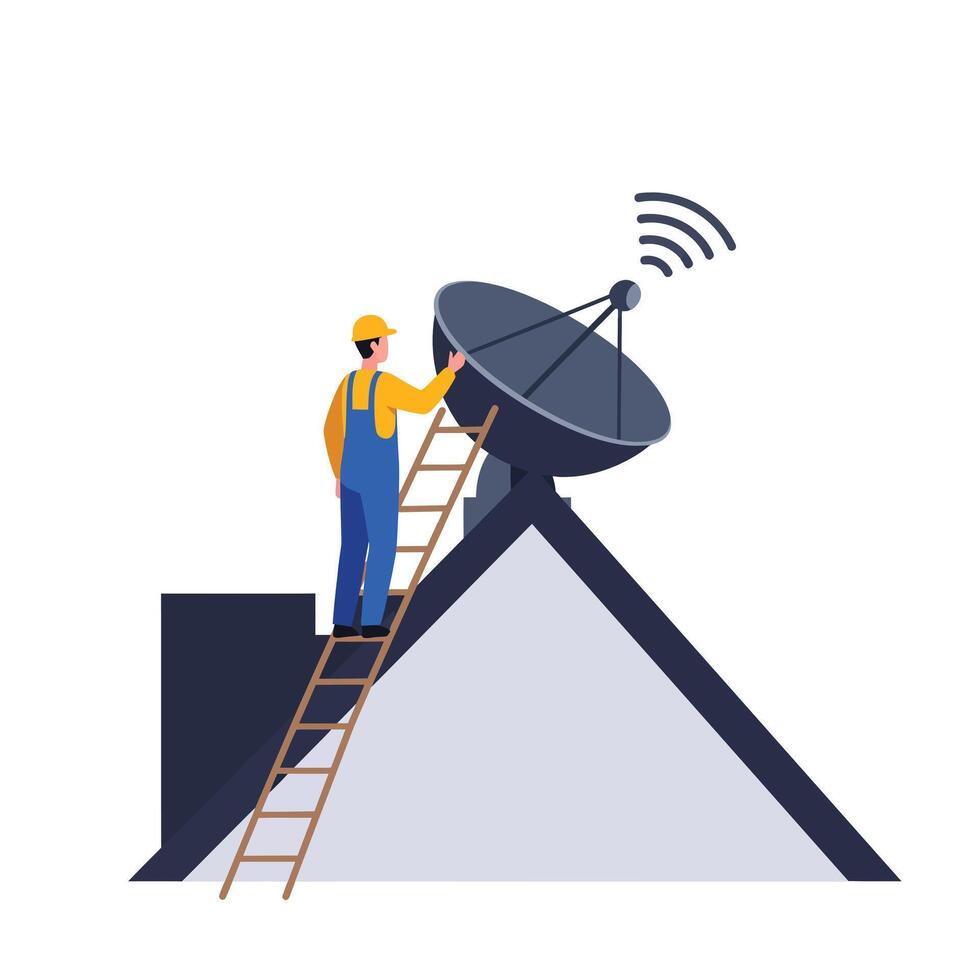Technician adjusting satellite dish on rooftop in flat art vector