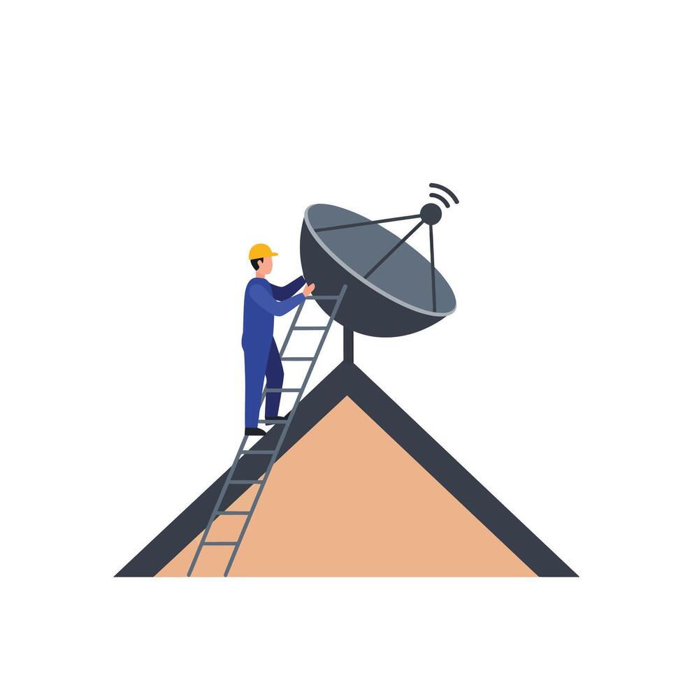A Technician installing satellite dish on rooftop in flat art vector