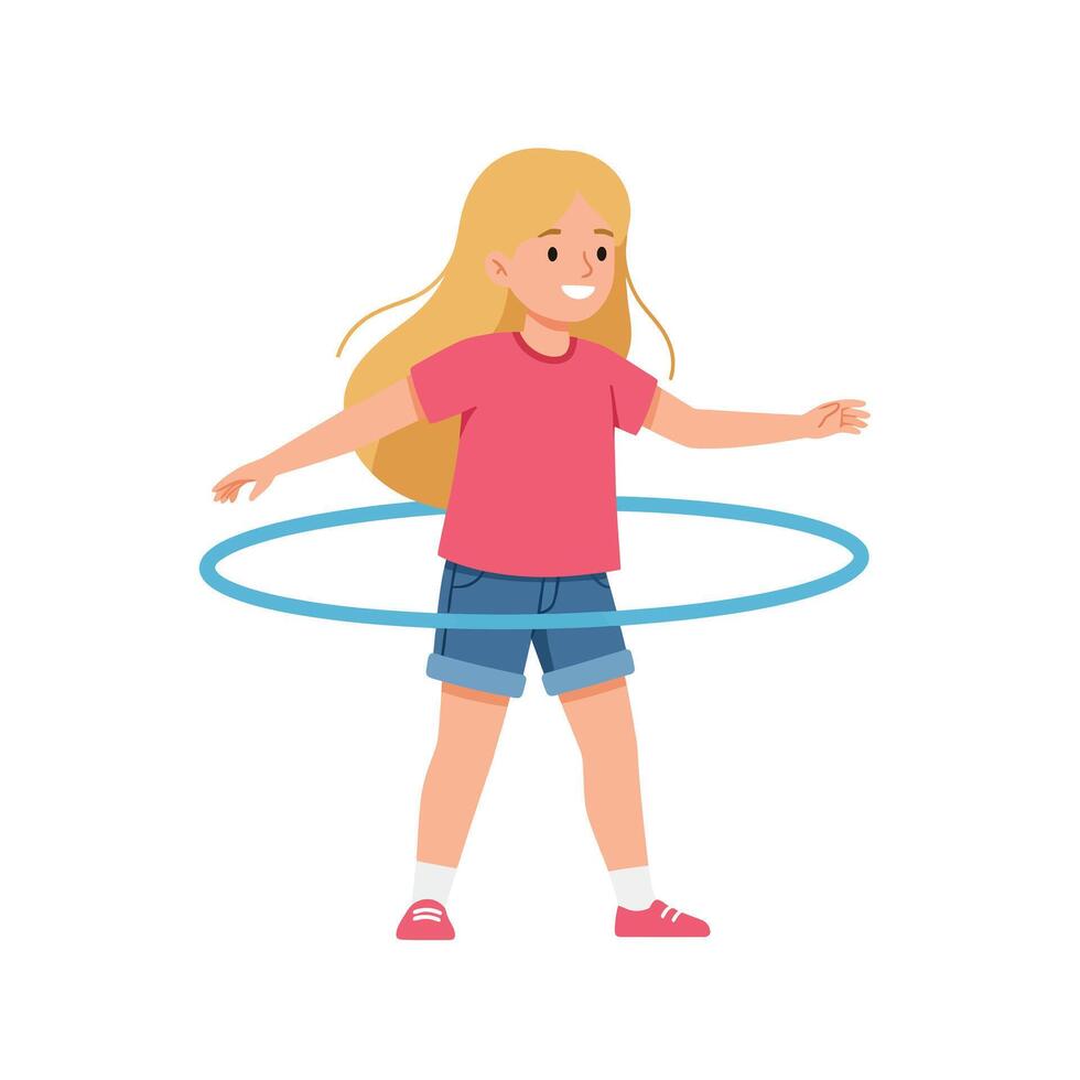 A Happy child playing with hula hoop in flat art style vector
