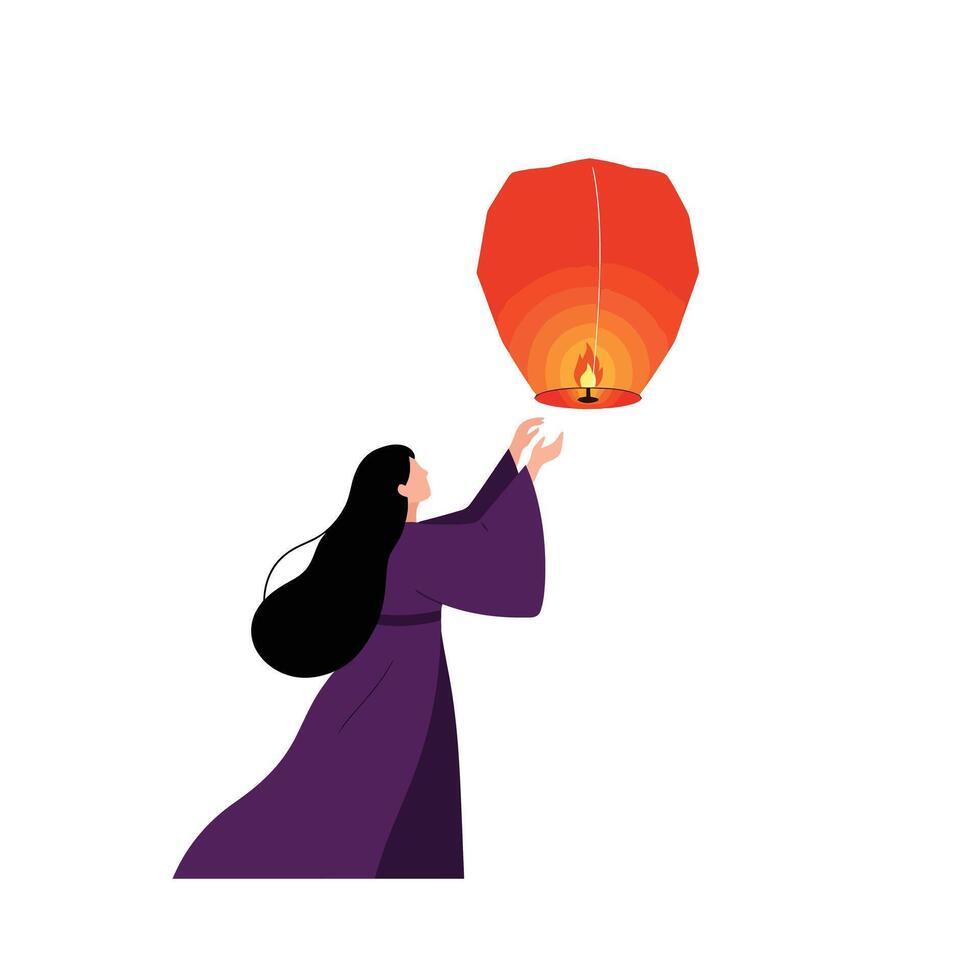 A Woman releasing a lantern in a serene atmosphere, minimal illustration vector