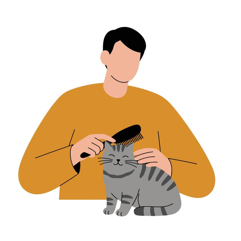 Person grooming a cat with a brush in minimal art style vector