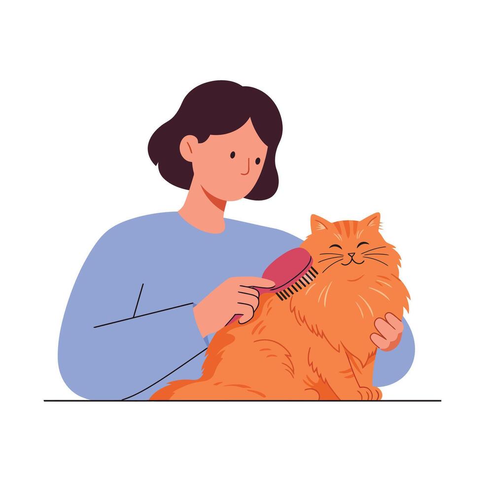 Person grooming a fluffy orange cat in a flat illustration style vector