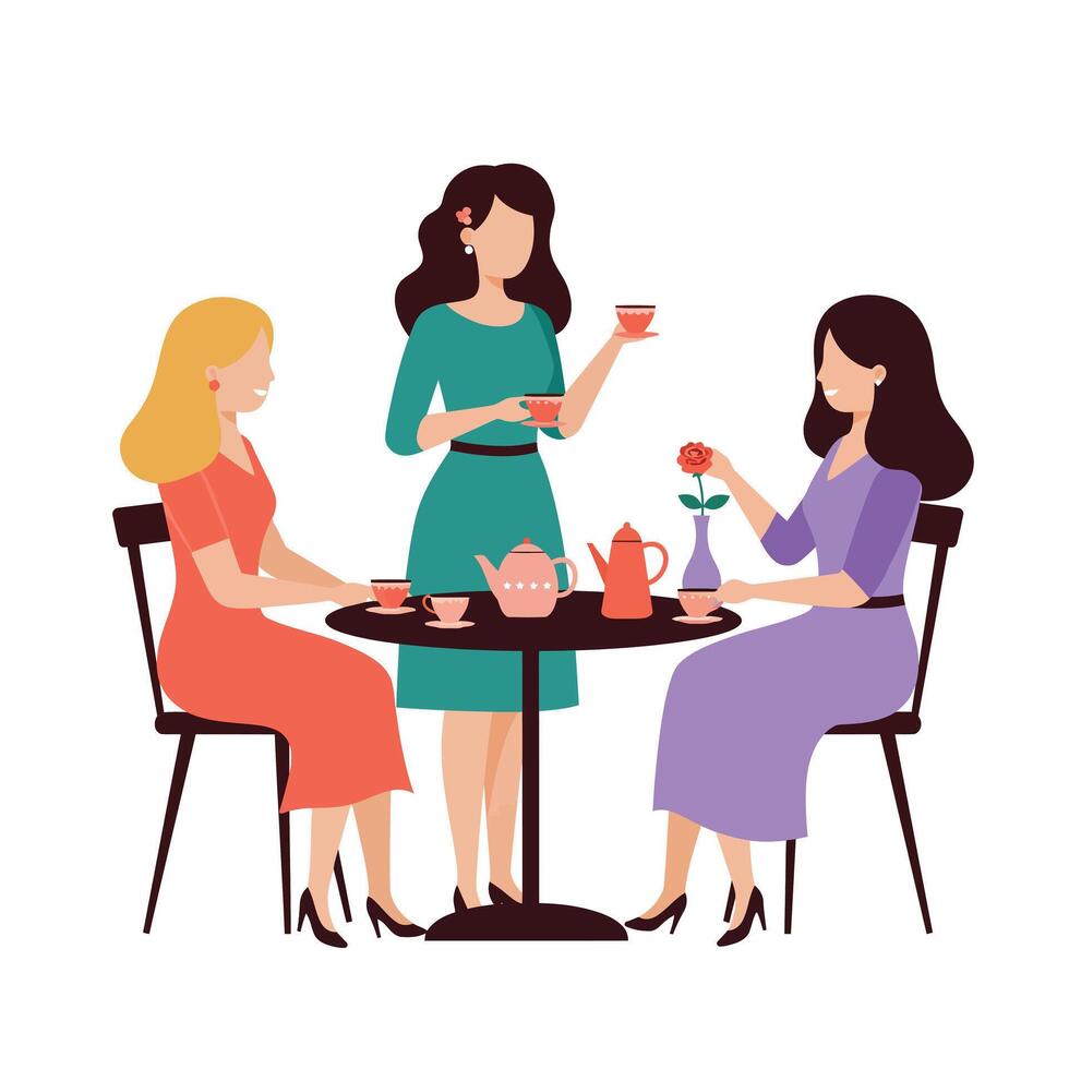 Three women enjoying tea in a cozy setting, flat design illustration vector