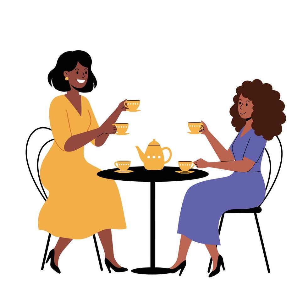 Two women enjoying tea in colorful dresses minimal illustration vector