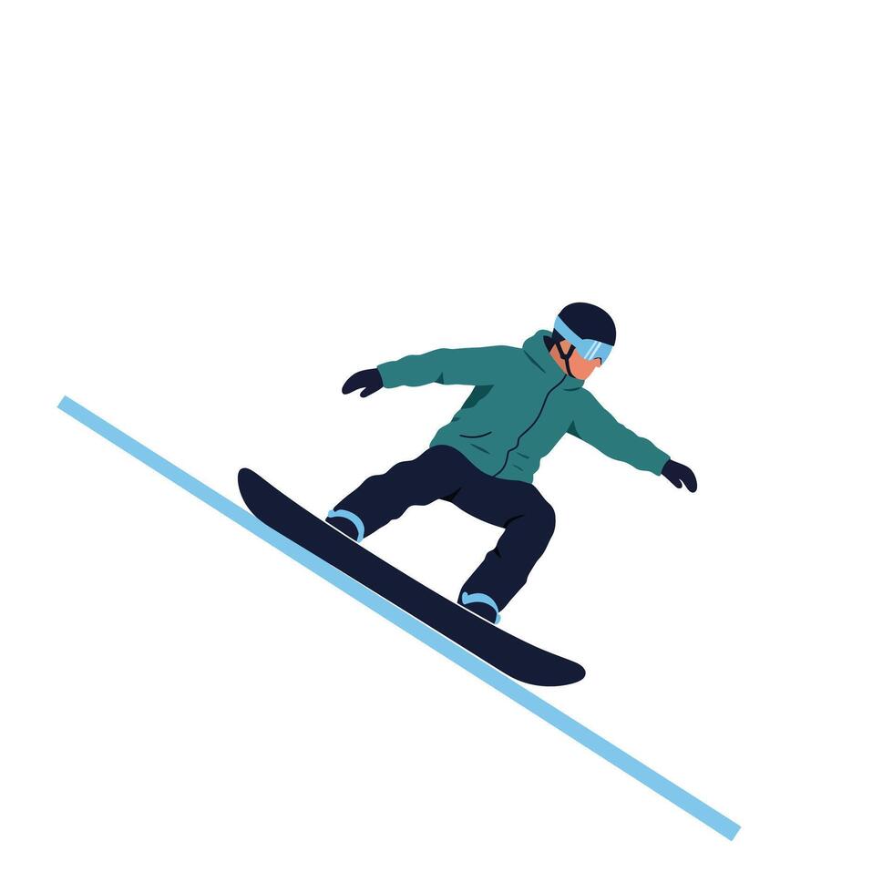 Snowboarder in action on a slope with flat design style illustration vector