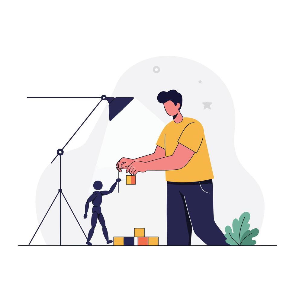 Person assisting small figure with building blocks in minimal art vector