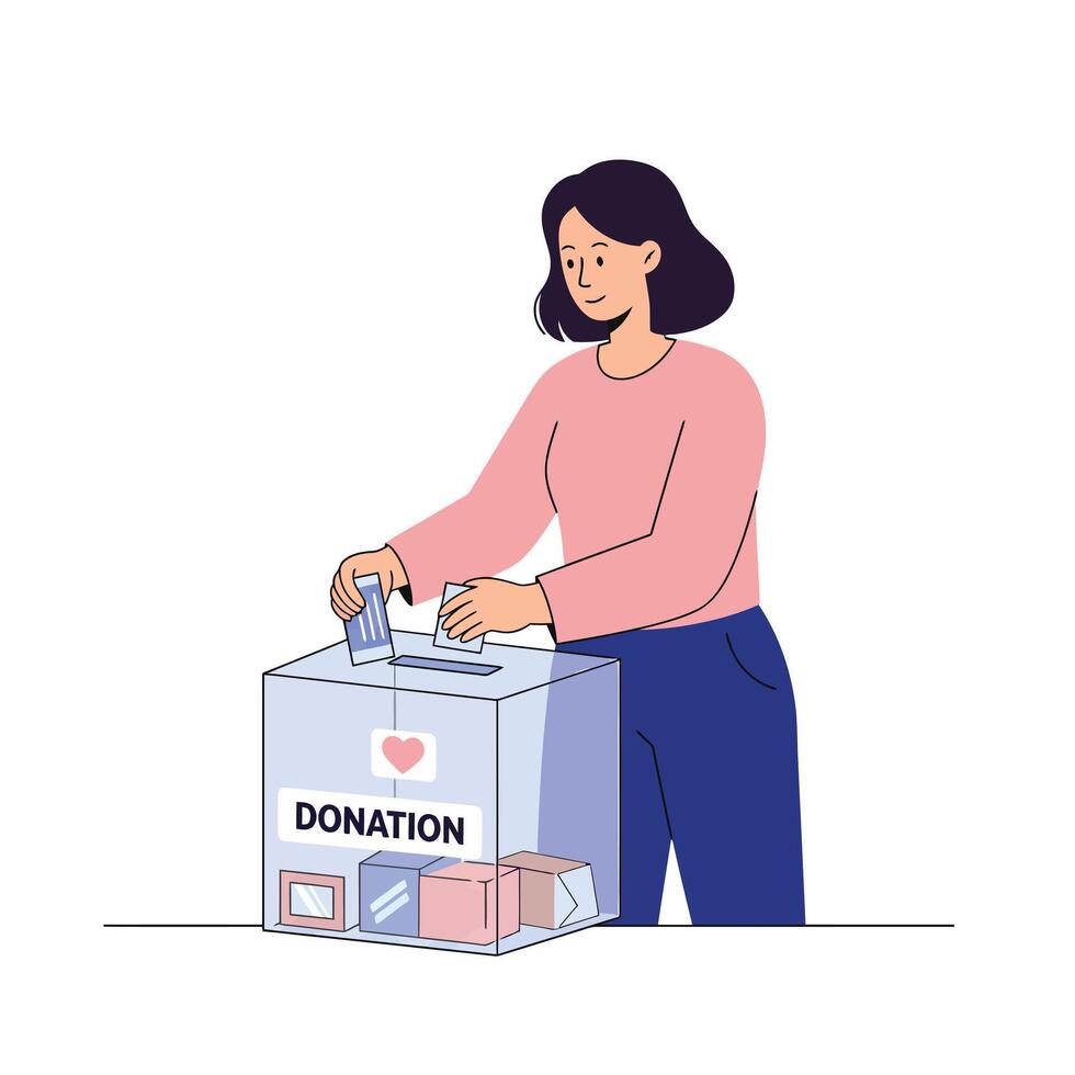 Woman donating items to a donation box in flat art vector