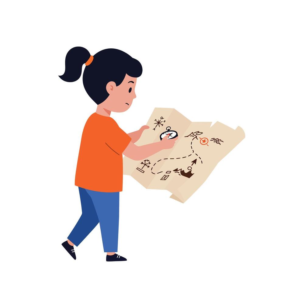 Child exploring a treasure map in a playful flat design art vector