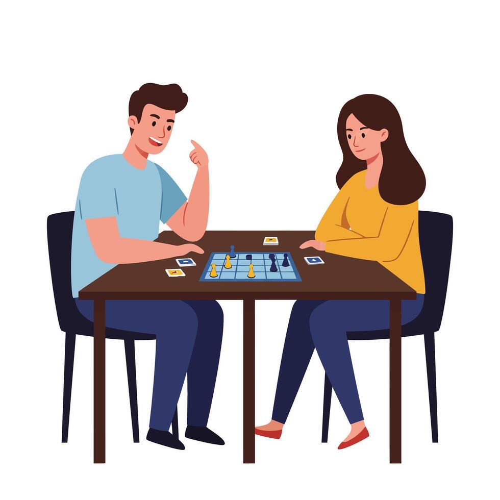 Engaging young adults playing board game at table in flat art vector