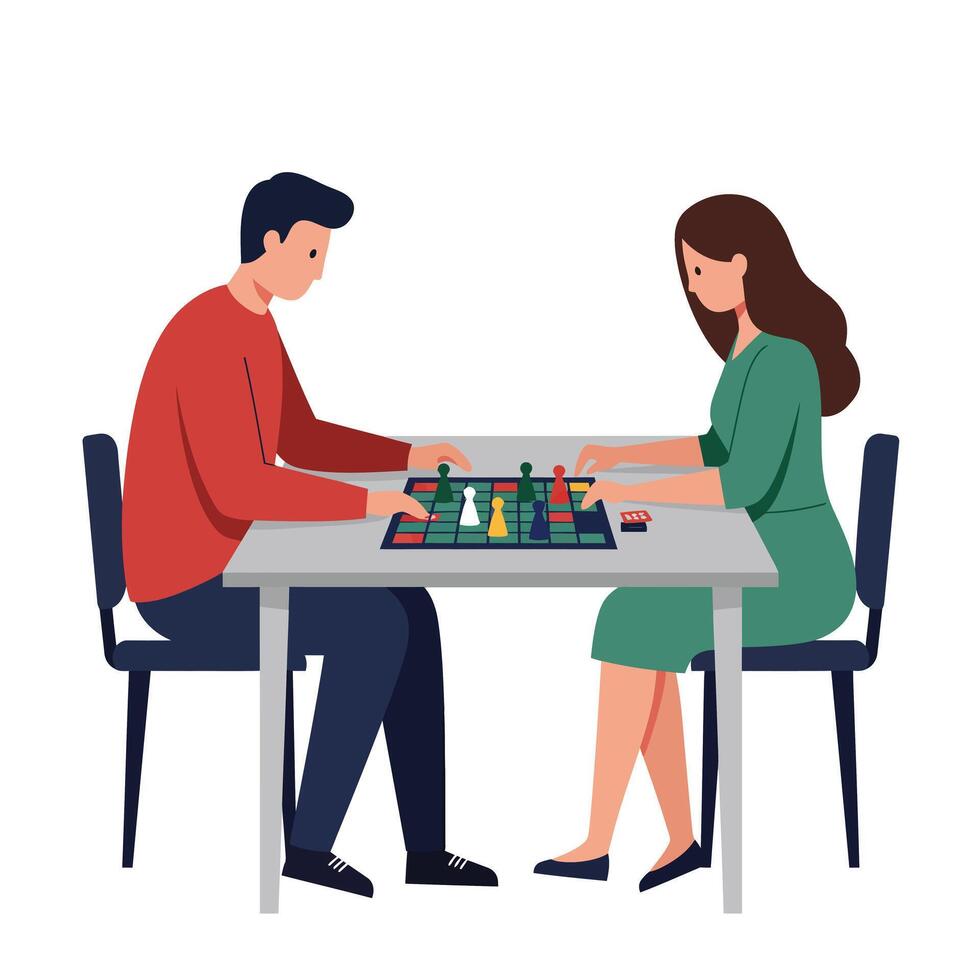 Two players engaged in an intense chess match in flat art vector