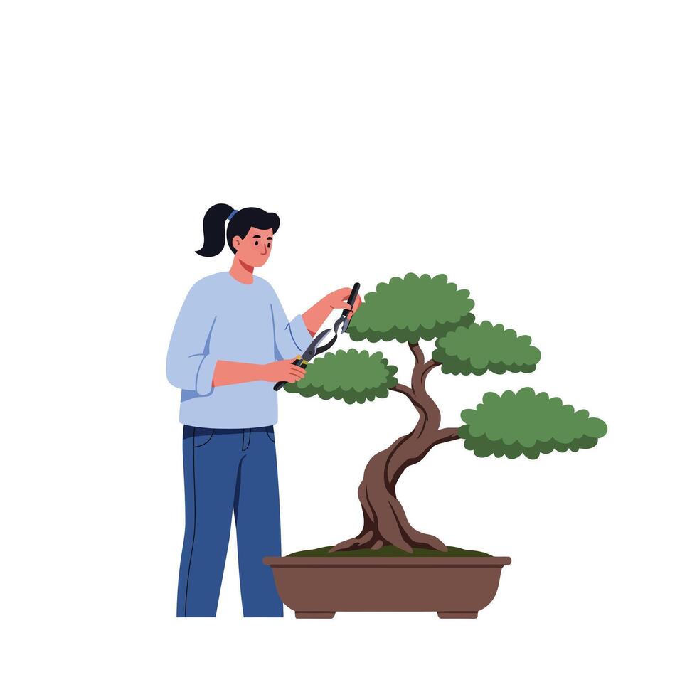 Woman trimming bonsai tree in flat style art vector