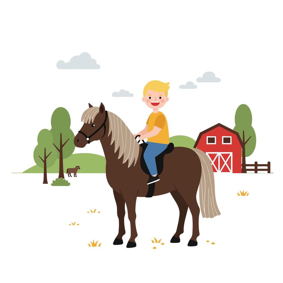 Child riding a horse in a farm setting with flat art style illustration vector