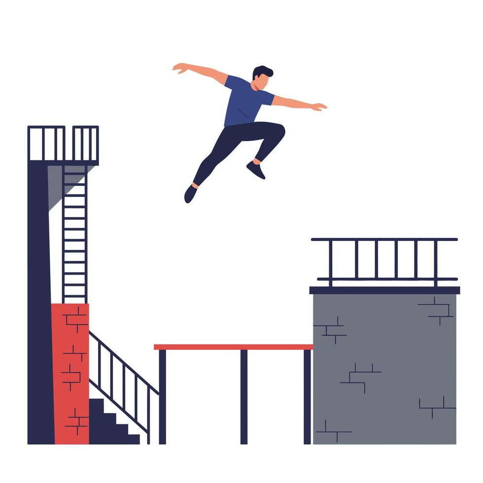 Person jumping between buildings in flat minimal art illustration vector