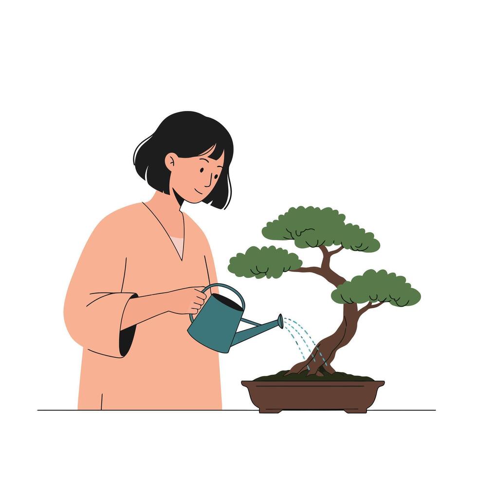 Woman watering a bonsai tree in a flat minimal art illustration vector