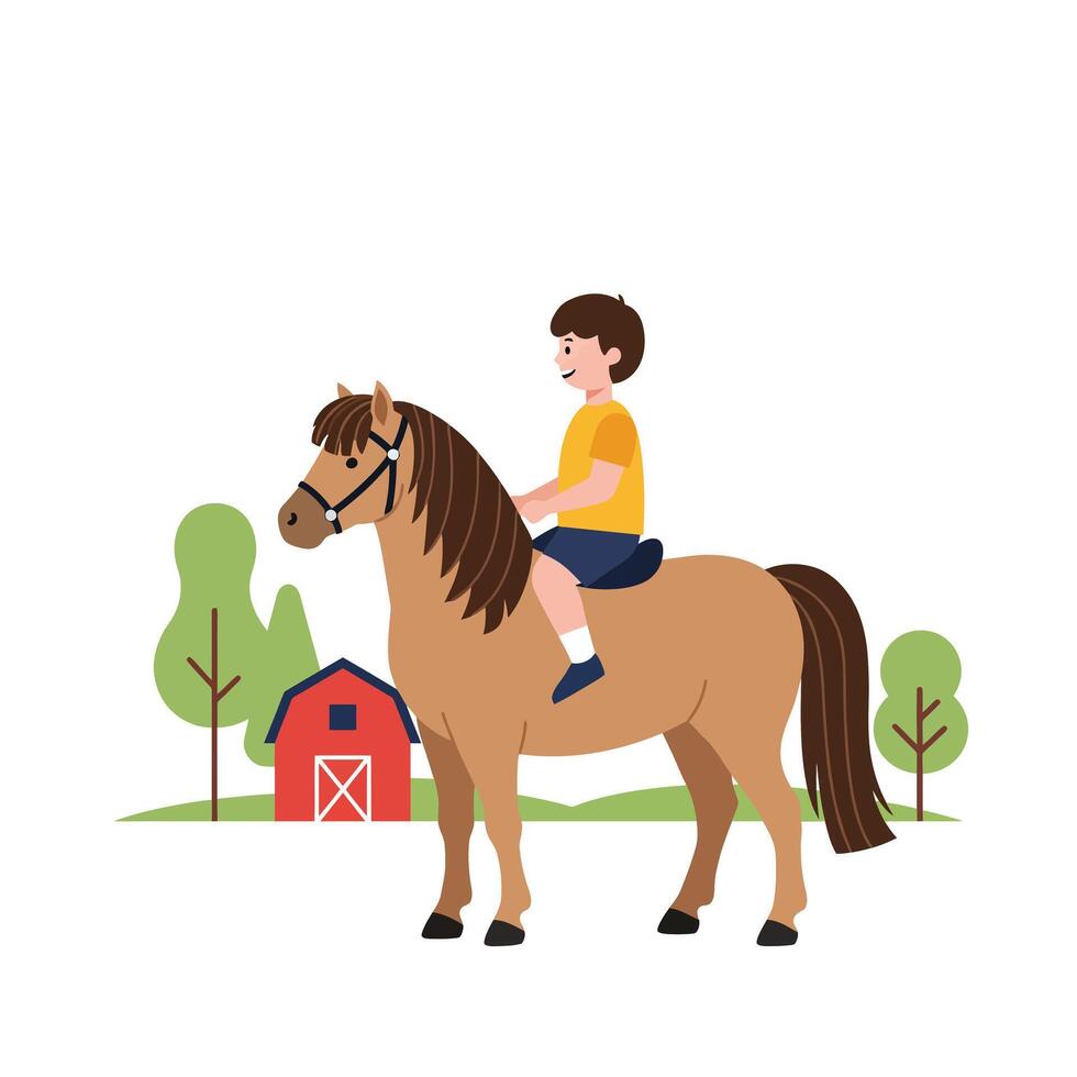 Boy riding a horse in a flat, colorful countryside scene illustration vector