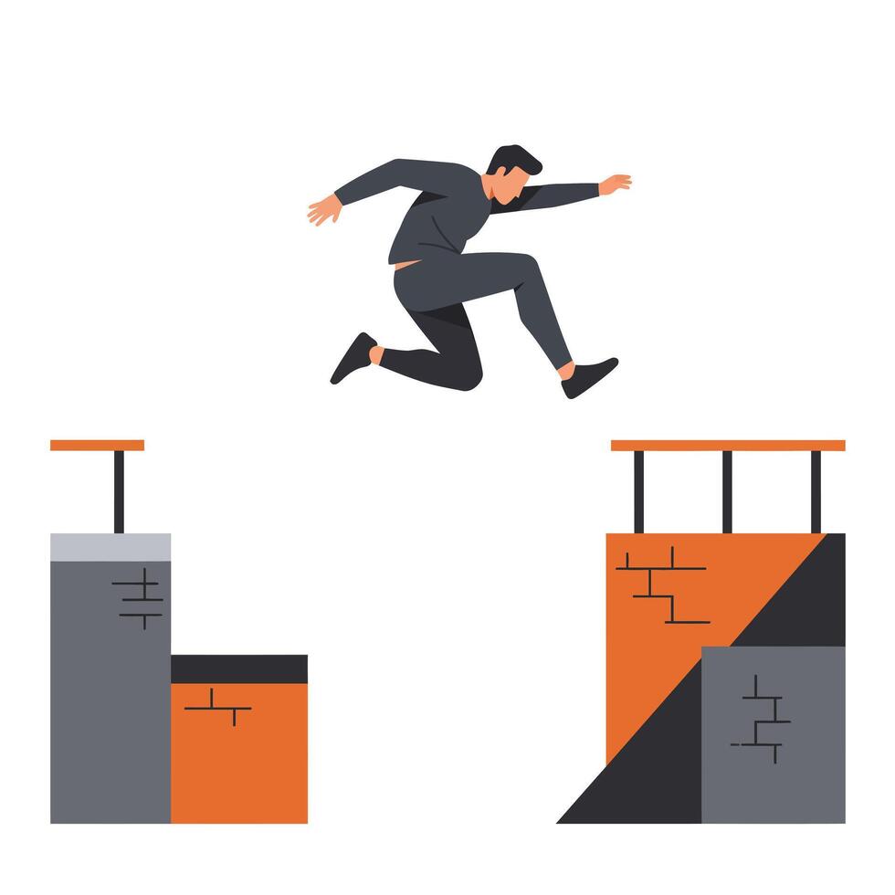 Man jumping between two platforms in flat style art vector