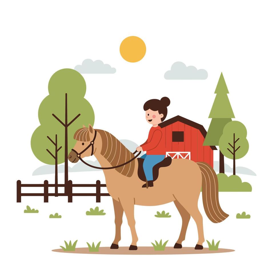 Girl riding a horse in a farm setting with flat art style illustration vector