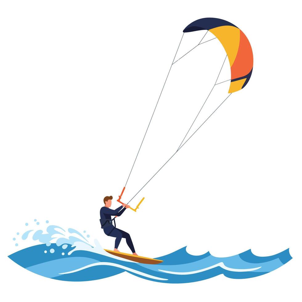 Kitesurfer riding waves in vibrant colors with flat design style art vector