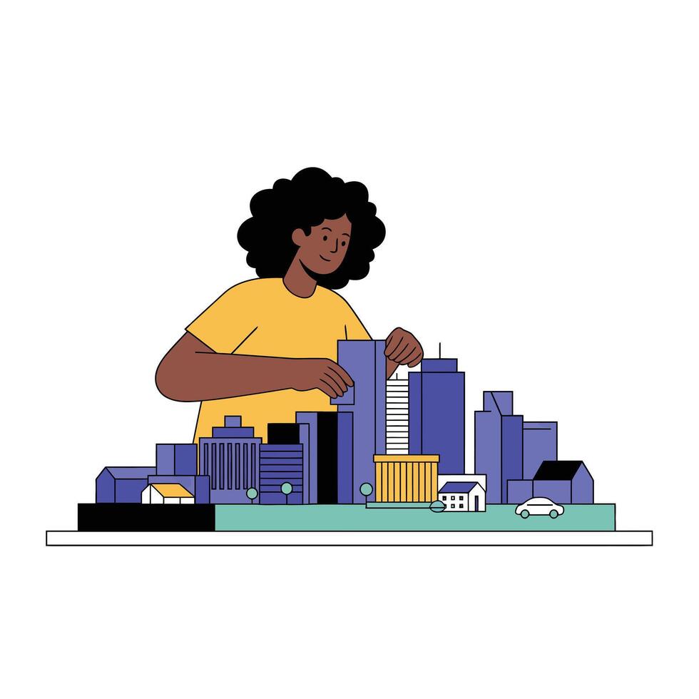 Person interacting with a miniature city model in flat art style vector