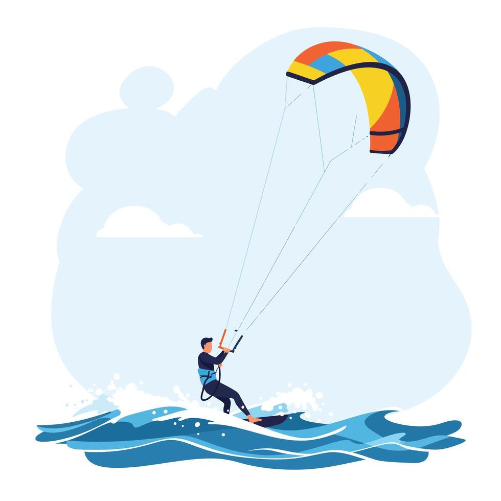 Kitesurfer riding ocean waves in flat, colorful design style illustration vector