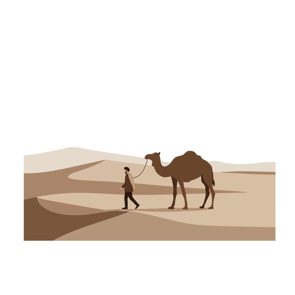 Camel walking through desert landscape in flat design style art vector