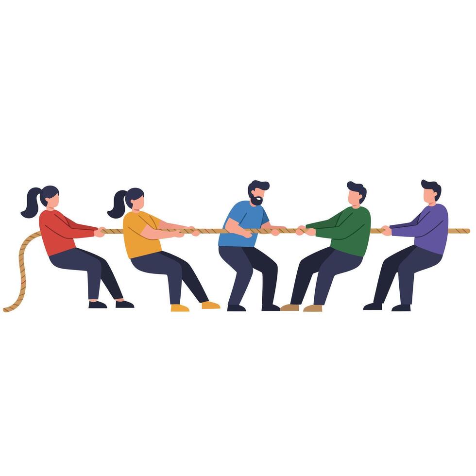 Group of people engaged in tug-of-war competition in flat art vector