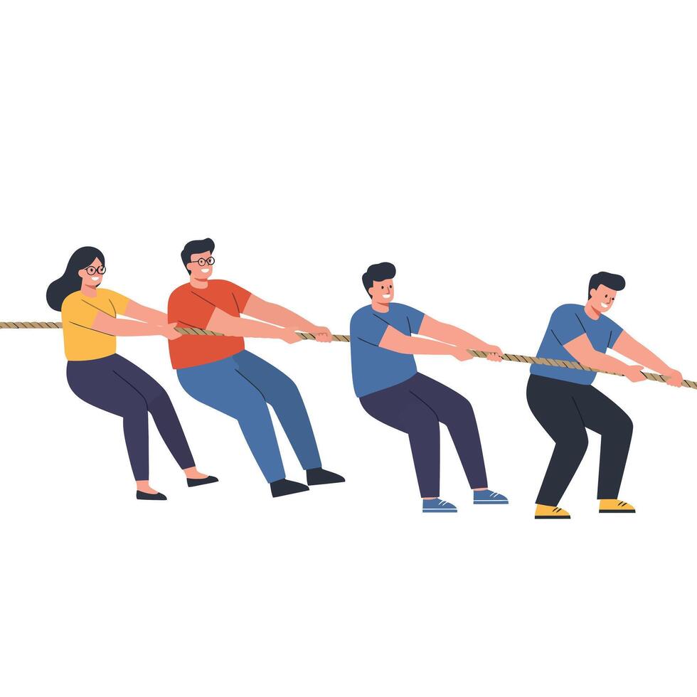 Group of four people participating in a tug-of-war game in flat art vector