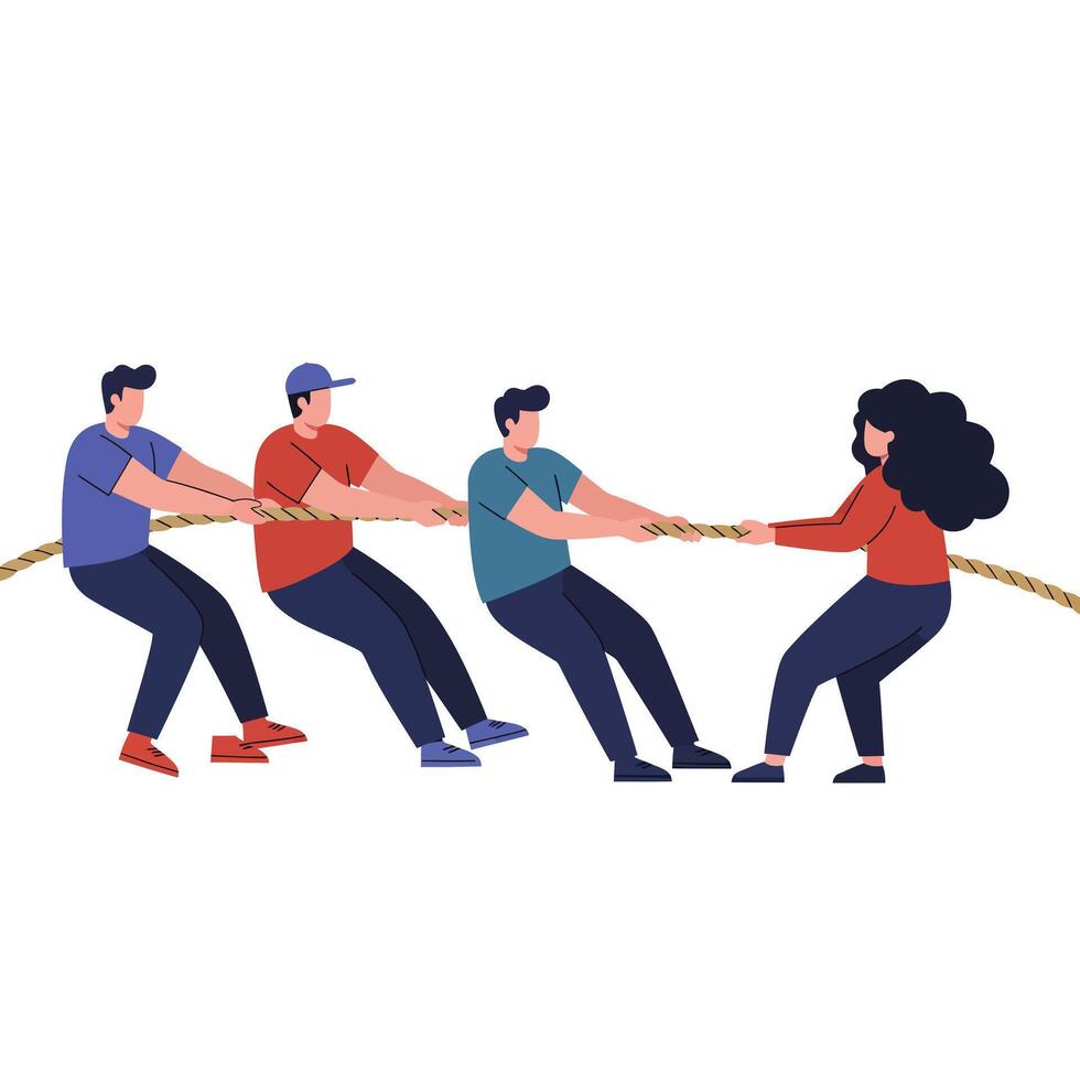 Group of people engaged in a tug-of-war game in flat art vector