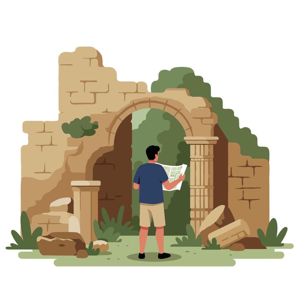Person exploring ancient ruins in a minimal flat design illustration vector