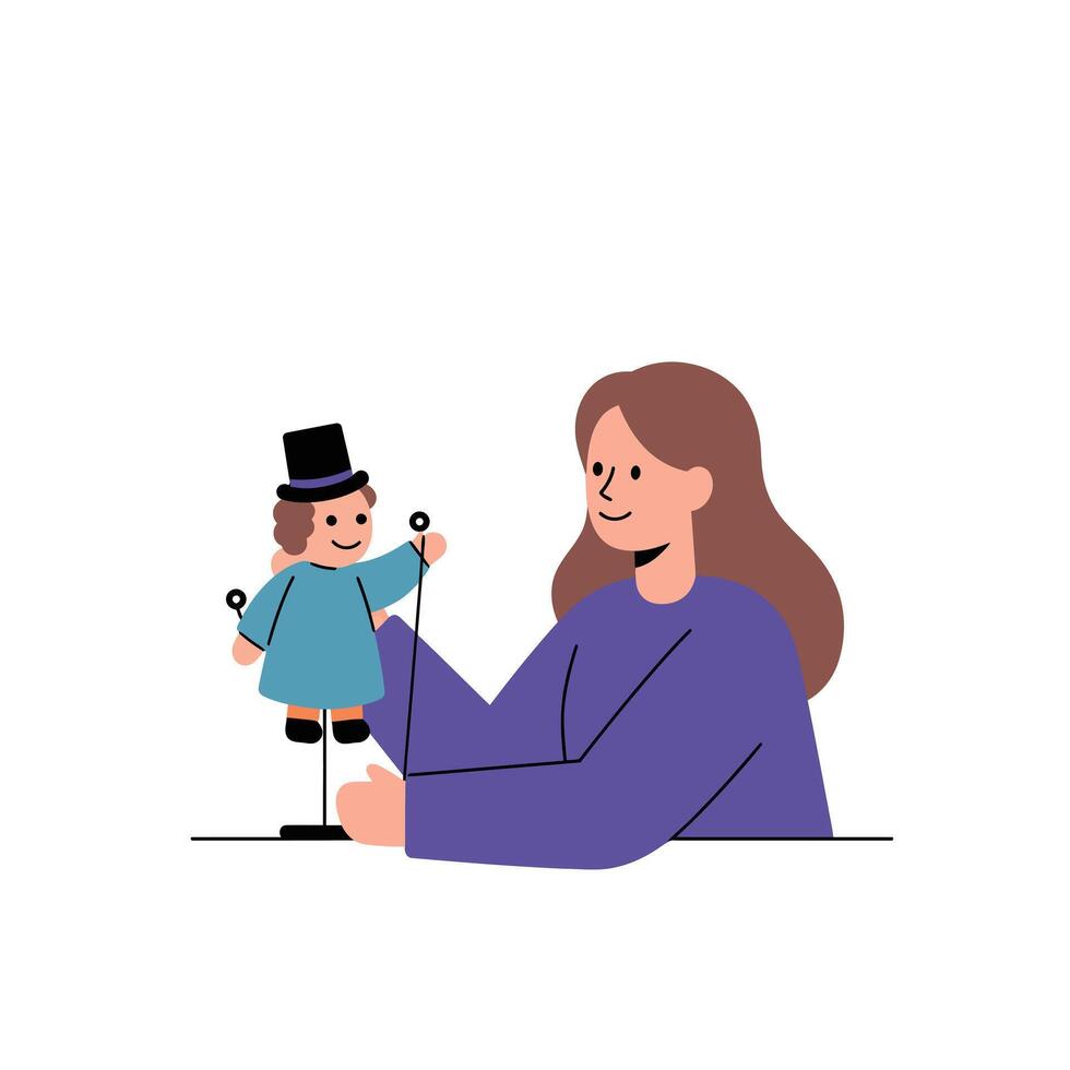 Child playing with puppet in flat minimalist illustration style vector