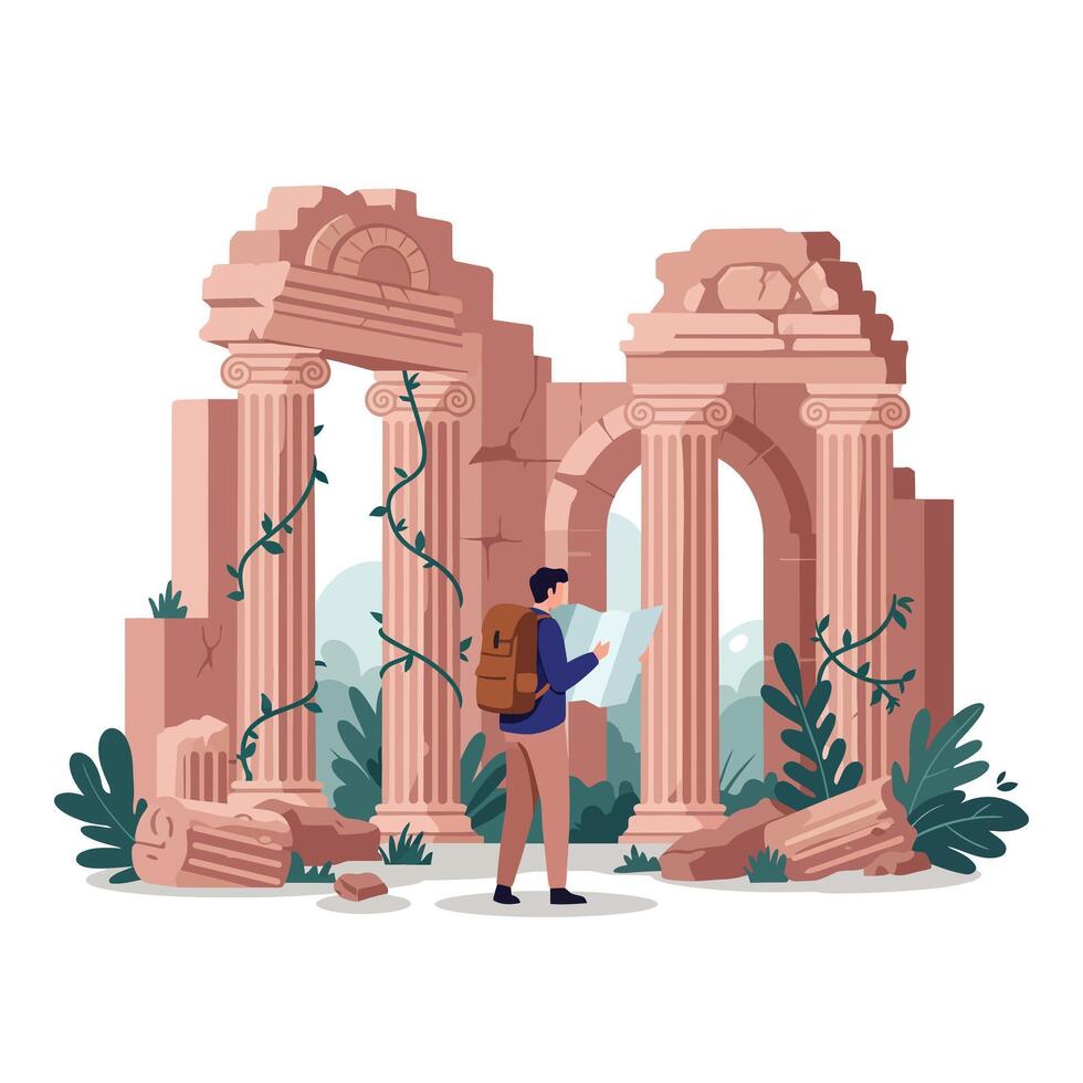 Explorer studying ancient ruins with greenery in detailed flat art vector