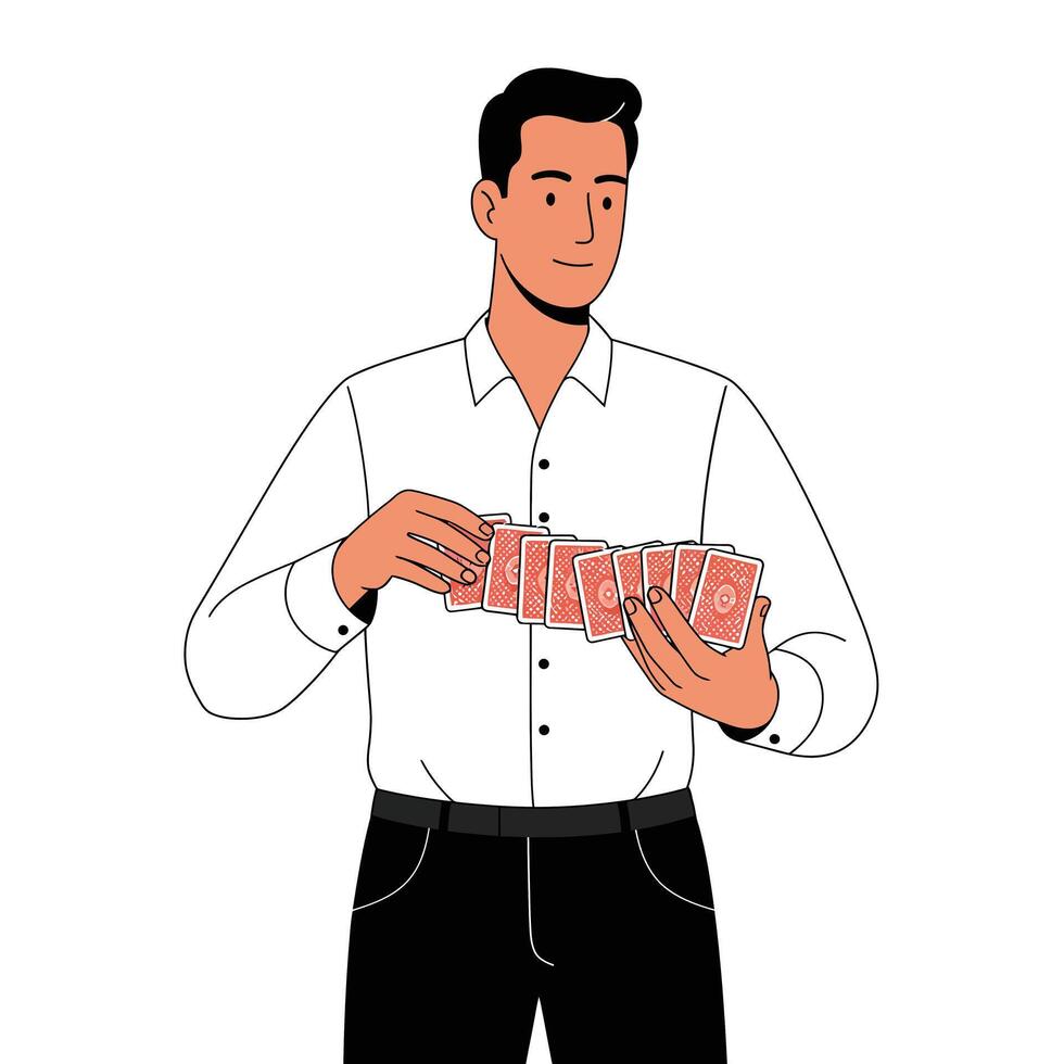 Man performing magic trick with playing cards in flat art illustration vector