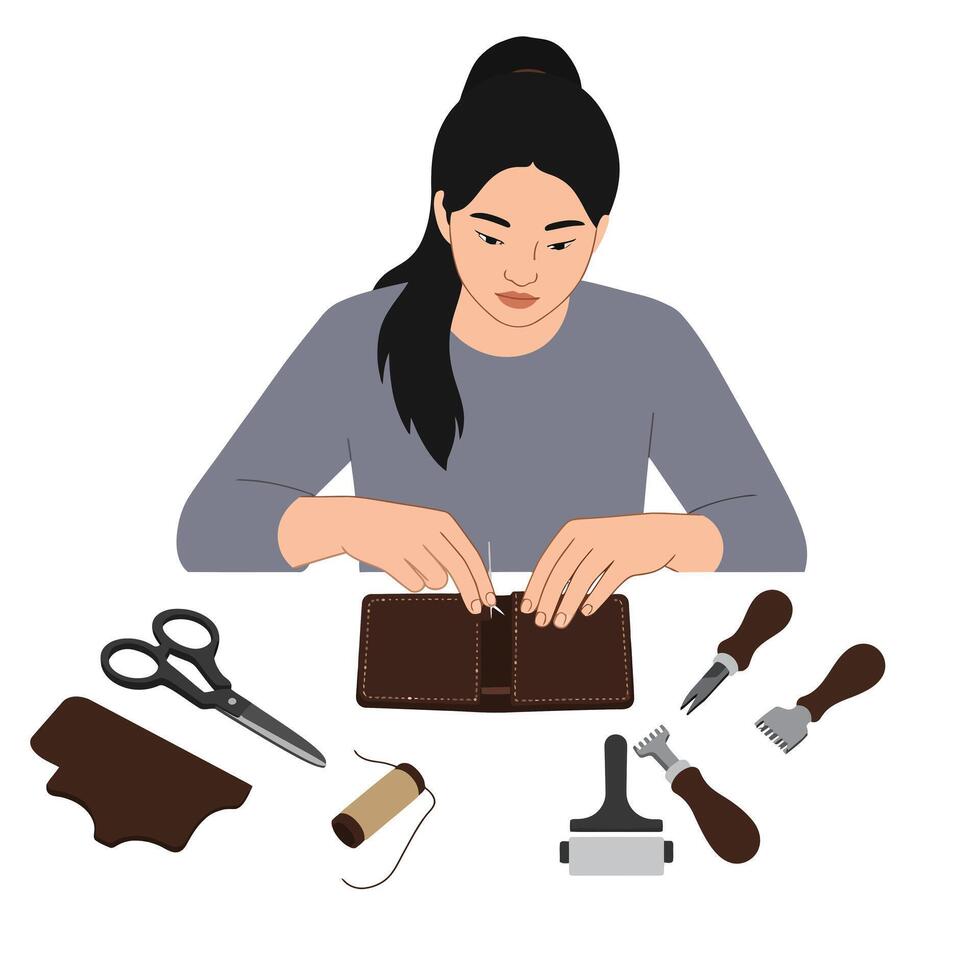 Woman crafting a wallet with tools in flat illustration vector