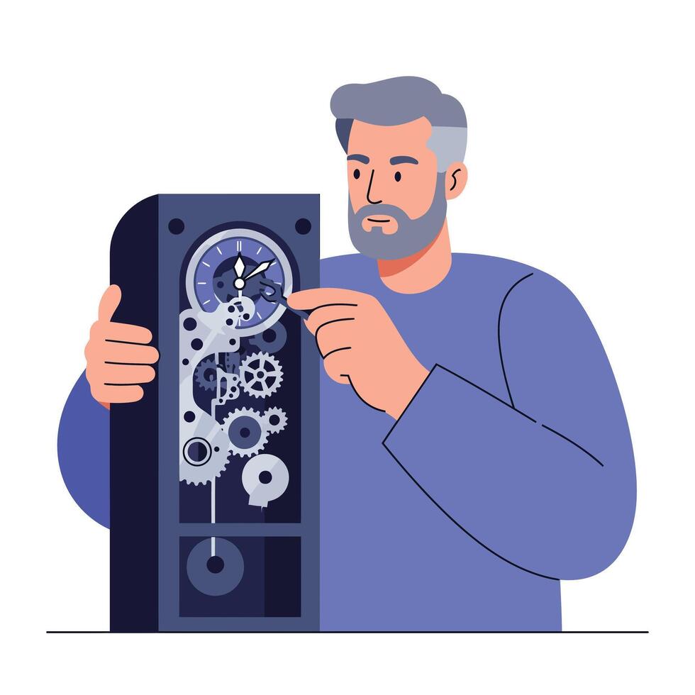 Man adjusting gears in a vintage clock design in flat art style vector