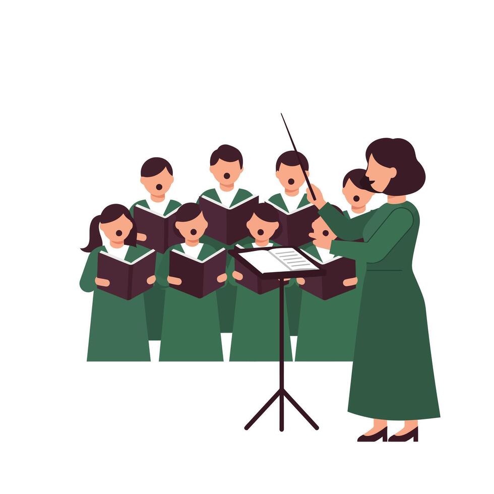 Choir performing together with conductor in minimal flat art illustration vector