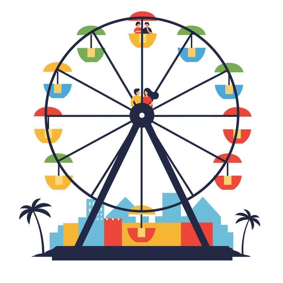 Colorful Ferris wheel with people enjoying rides in flat art vector
