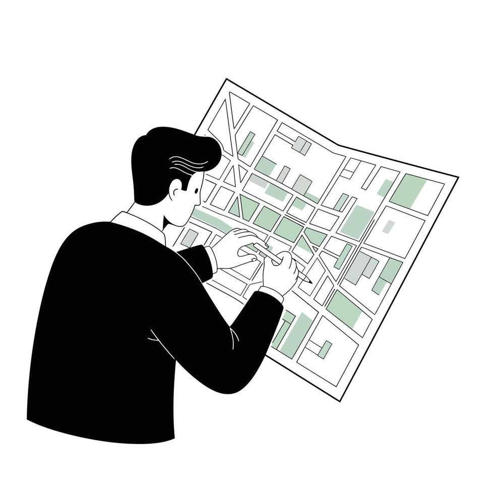 Person examining city map in detailed flat design art vector