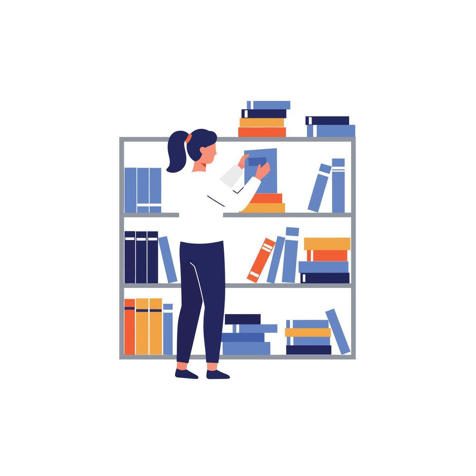Woman organizing books on a shelf in flat illustration vector