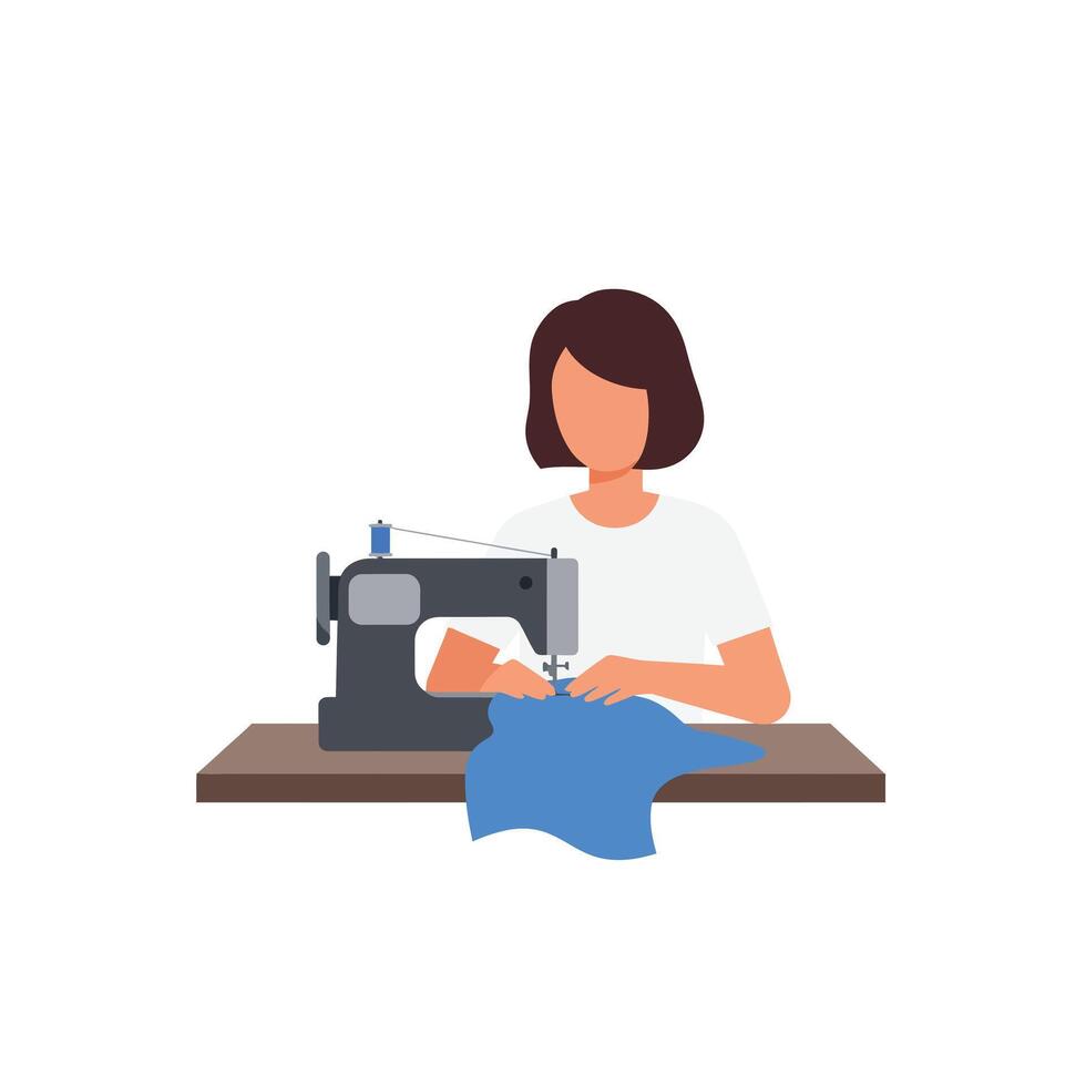 Seamstress working on blue fabric with sewing machine in flat art vector