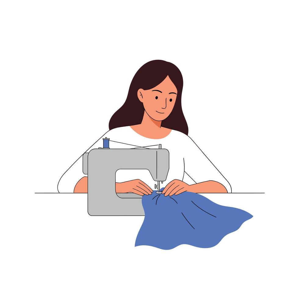 Woman sewing fabric with sewing machine in minimal flat design art vector
