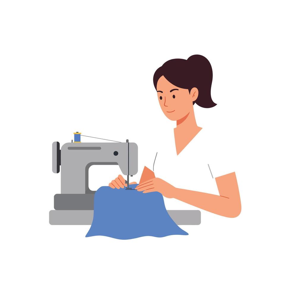 Woman operating a sewing machine in a minimal flat illustration vector
