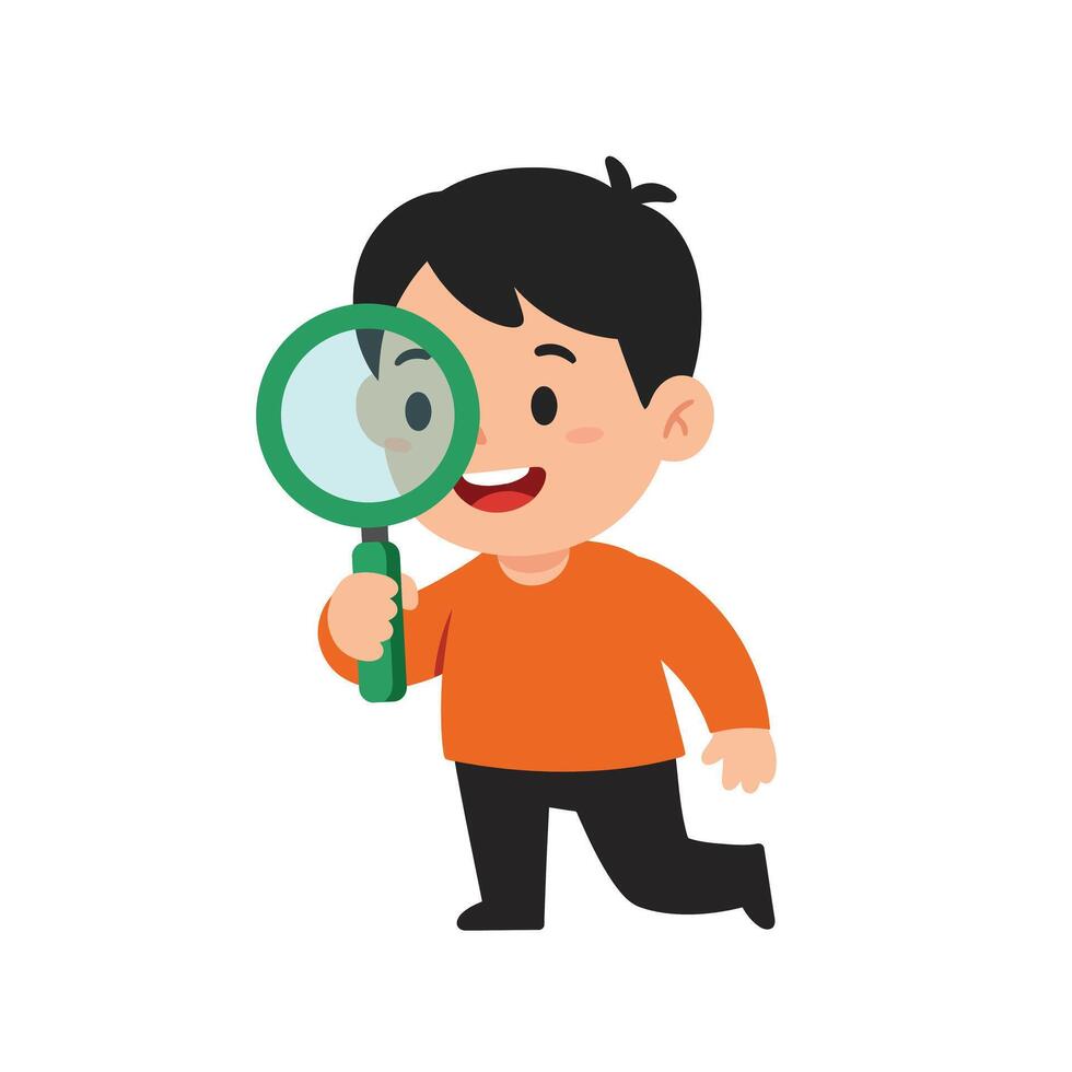 Happy child holding a magnifying glass in a flat art style vector